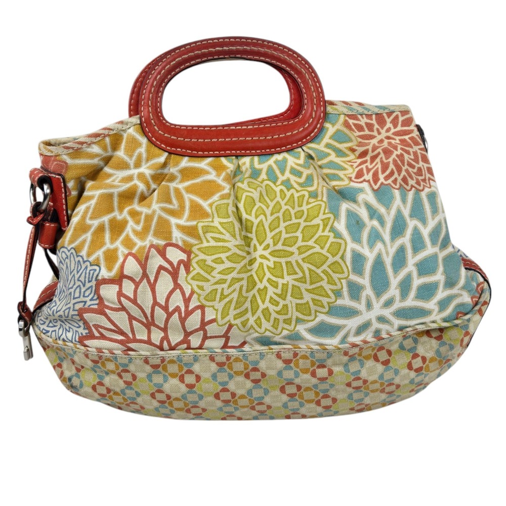 Vtg Fossil Hobo Floral Canvas Top Handle Satchel Bag Key Charm No Crossbody